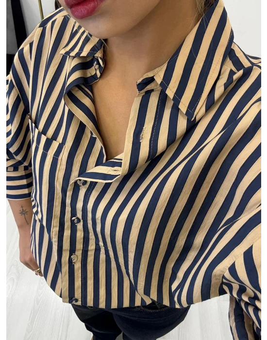 Oversize Dikey Çizgili Poplin Gömlek - Lacivert Bej