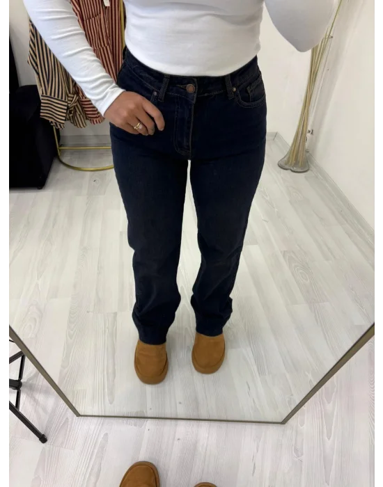 Yüksek Bel Düz Paça Klasik Bitişli Jean Pantolon - Koyu Lacivert