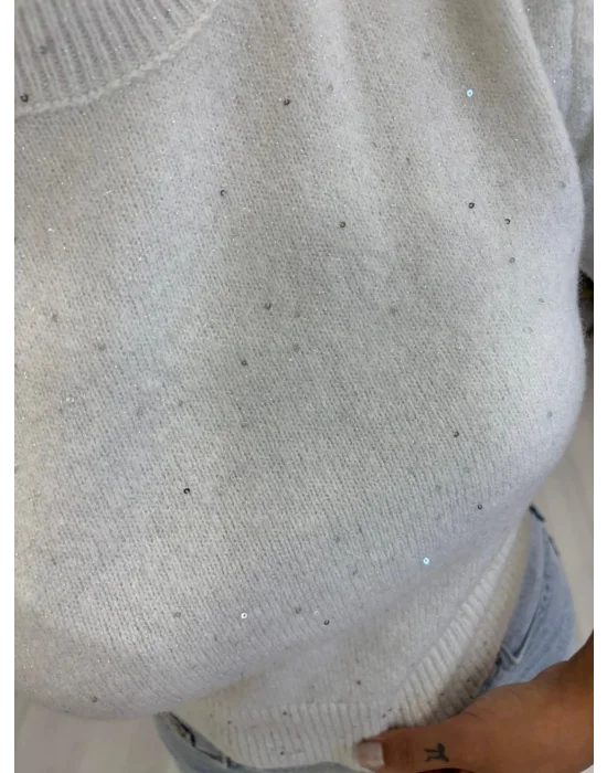 Kısa Kollu Yumuşak Dokulu Sim/Pul Detaylı Triko Üst - Ekru/Krem