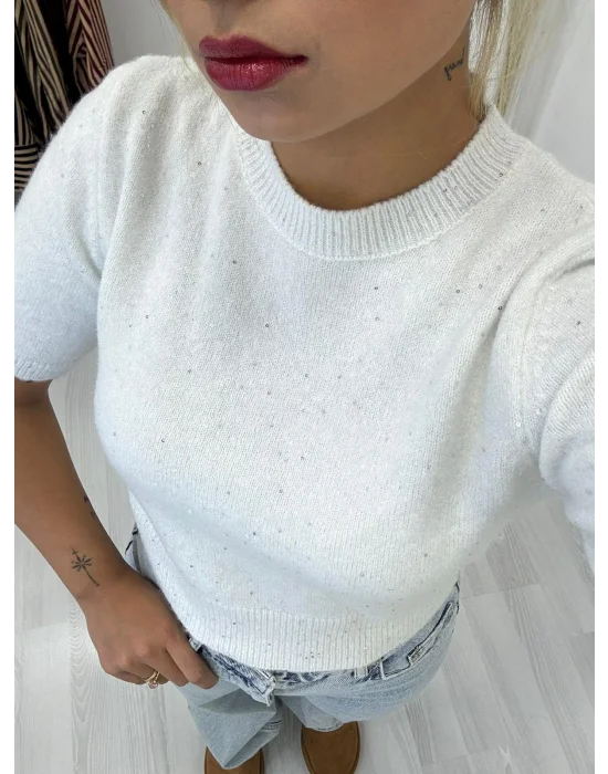 Kısa Kollu Yumuşak Dokulu Sim/Pul Detaylı Triko Üst - Ekru/Krem