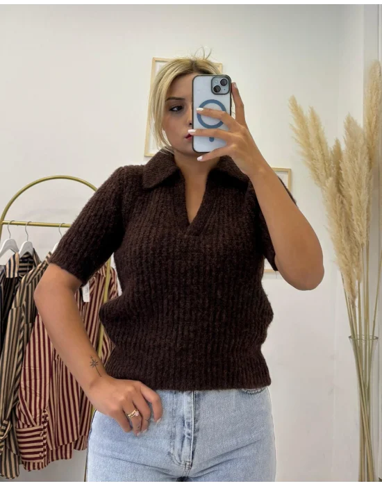 Polo Yaka Kısa Kollu Angora Efektli Triko Kazak Kestane Kahve