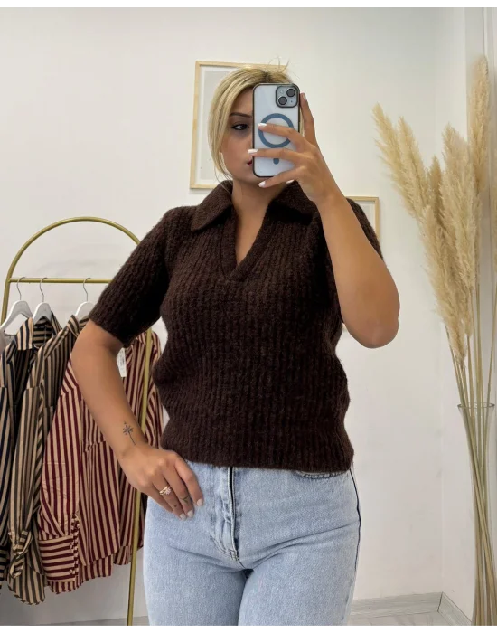 Polo Yaka Kısa Kollu Angora Efektli Triko Kazak Kestane Kahve