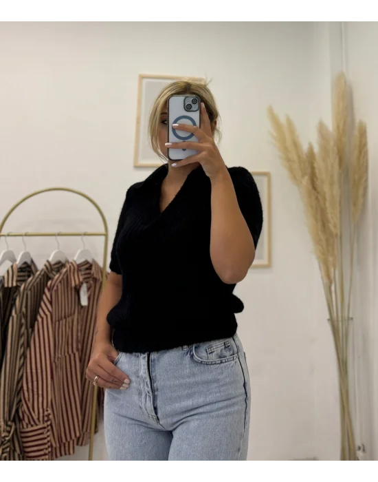 Polo Yaka Kısa Kollu Angora Efektli Triko Kazak Siyah