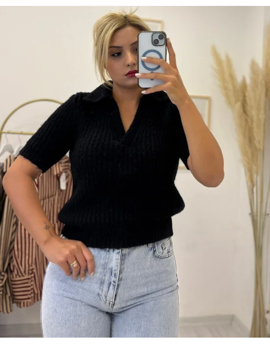 Polo Yaka Kısa Kollu Angora Efektli Triko Kazak Siyah