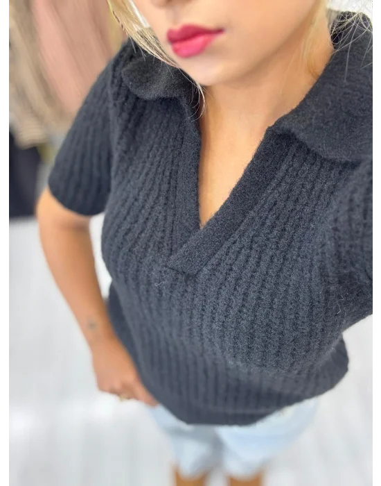 Polo Yaka Kısa Kollu Angora Efektli Triko Kazak Siyah