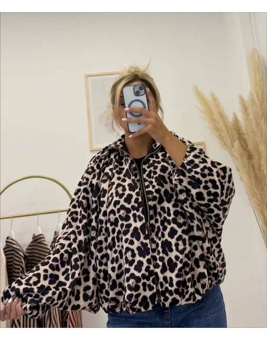 Leopar Desenli Oversize Fermuarlı Ceket