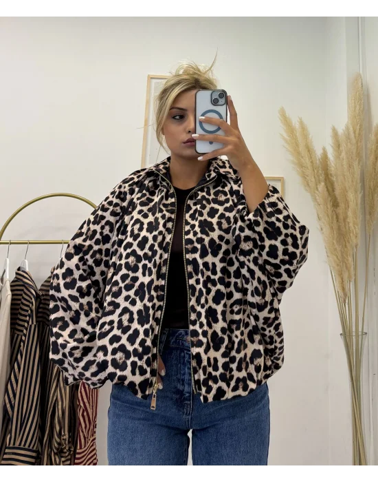 Leopar Desenli Oversize Fermuarlı Ceket