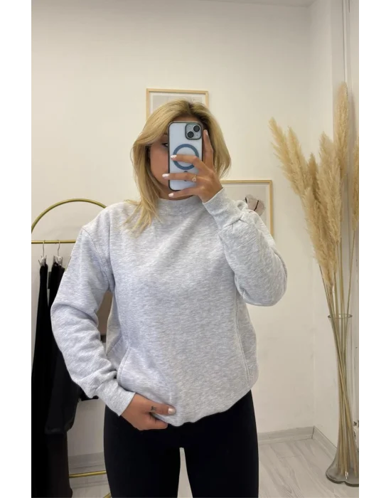Cepli Oversize Bisiklet Yaka Basic Sweatshirt - Açık Gri