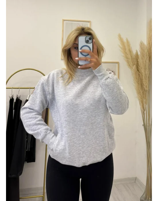 Cepli Oversize Bisiklet Yaka Basic Sweatshirt - Açık Gri