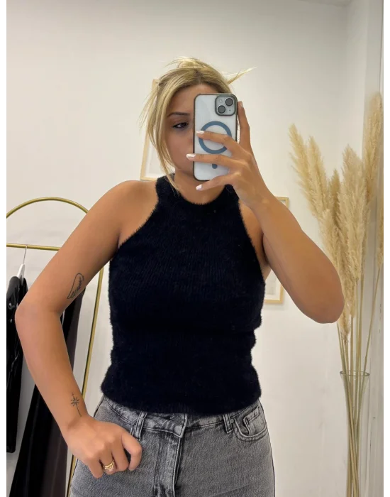 Tüylü Ribana Triko Atlet/Badi - Siyah