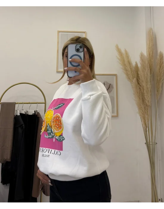 Meyve İşlemeli Grafik Baskılı Oversize Sweatshirt - Beyaz