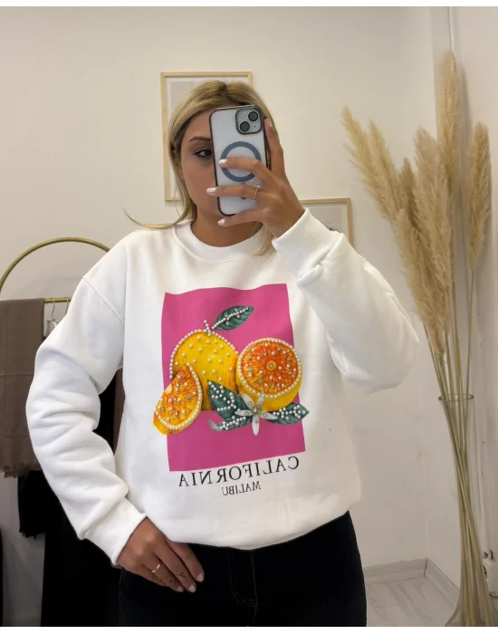 Meyve İşlemeli Grafik Baskılı Oversize Sweatshirt - Beyaz