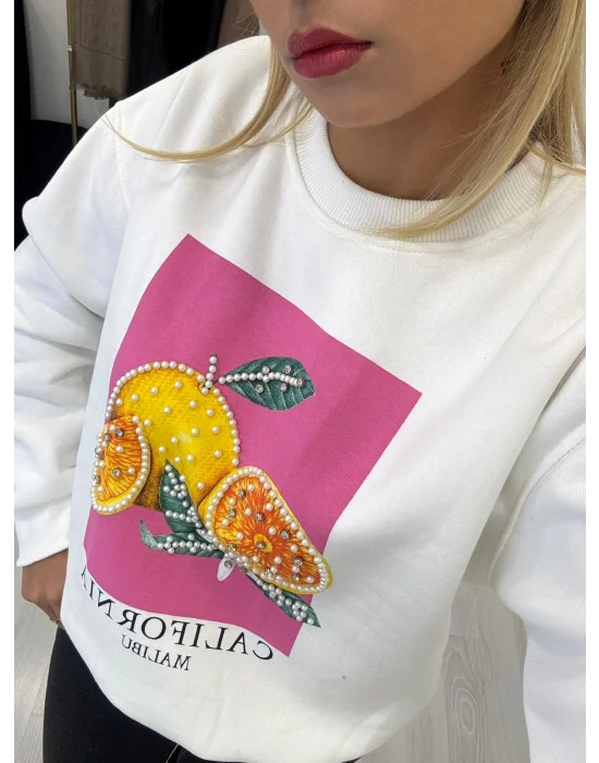 Meyve İşlemeli Grafik Baskılı Oversize Sweatshirt - Beyaz