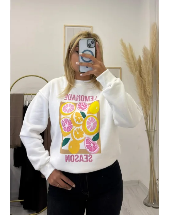 Beyaz Limon Desenli Grafik Baskılı Oversize Sweatshirt