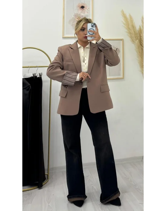 Vizon Çizgili Astarlı Oversize Blazer Ceket