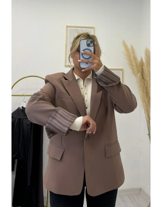 Vizon Çizgili Astarlı Oversize Blazer Ceket