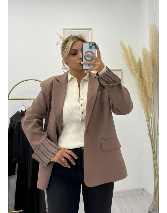 Vizon Çizgili Astarlı Oversize Blazer Ceket