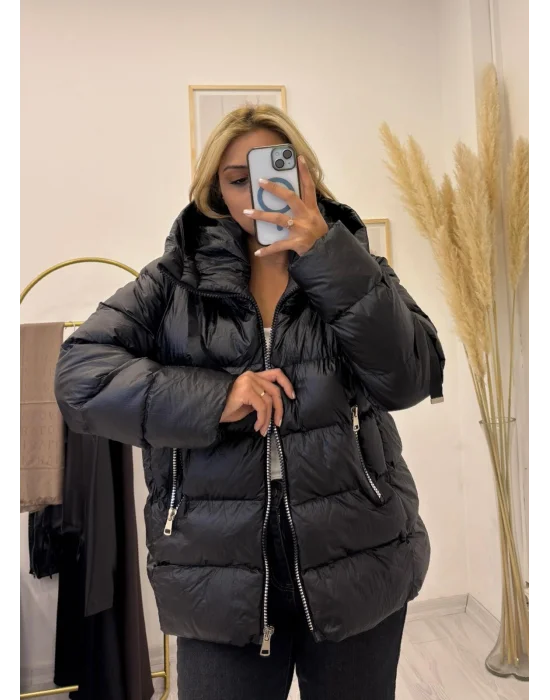 Kapüşonlu Fermuarlı Şişme (Puffer) Mont - Siyah