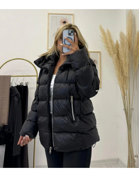 Kapüşonlu Fermuarlı Şişme (Puffer) Mont - Siyah