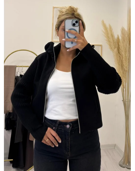 Triko Kollu Kısa (Crop) Fermuarlı Ceket - Siyah