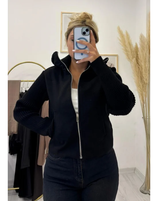 Triko Kollu Kısa (Crop) Fermuarlı Ceket - Siyah