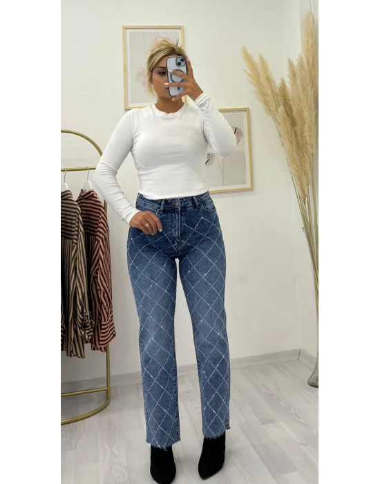 Yüksek Bel Taş İşlemeli Baklava Desenli Jean Pantolon