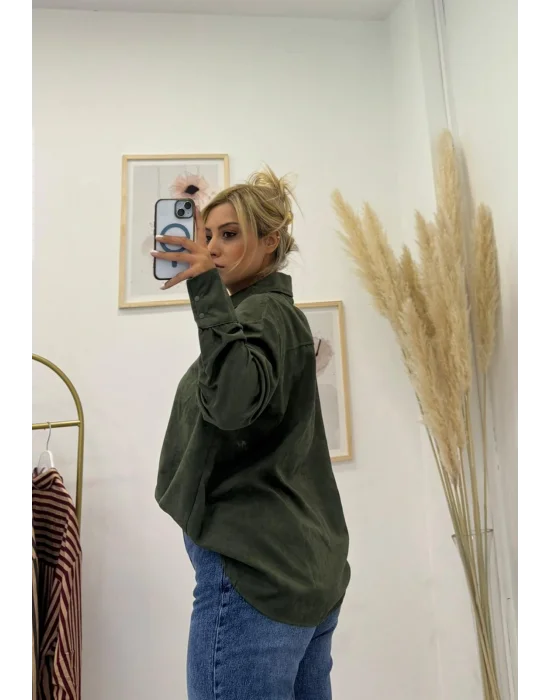 Oversize Tek Cepli Süet Görünümlü Gömlek - Haki