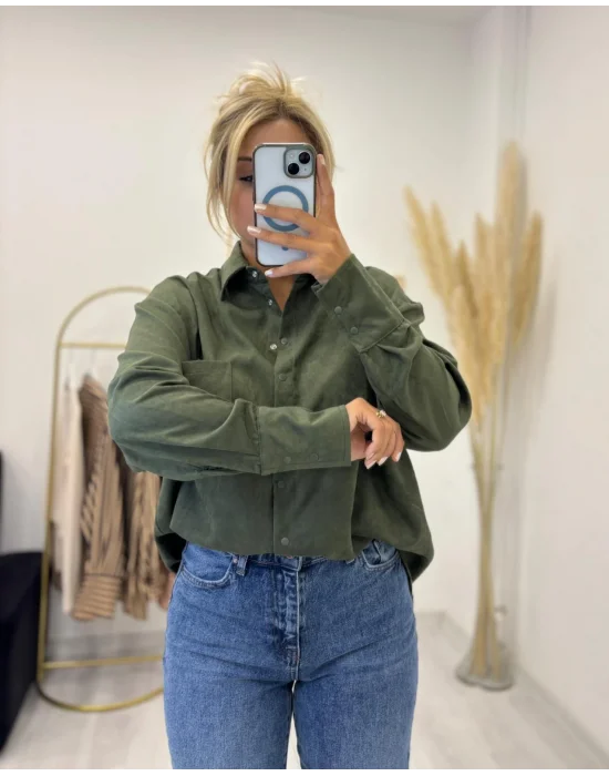 Oversize Tek Cepli Süet Görünümlü Gömlek - Haki