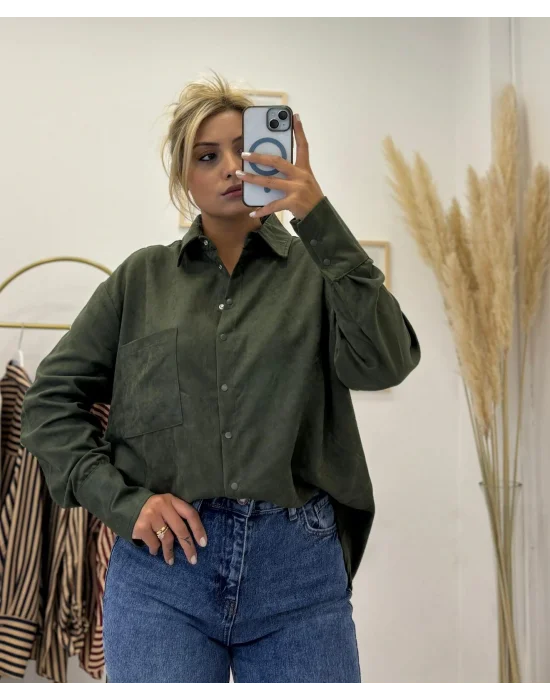 Oversize Tek Cepli Süet Görünümlü Gömlek - Haki
