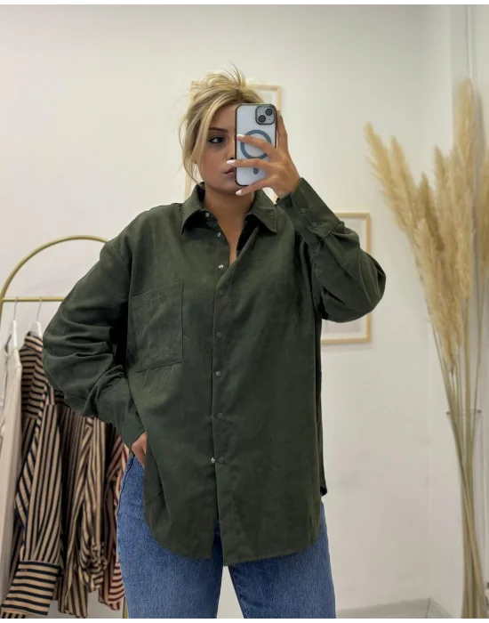 Oversize Tek Cepli Süet Görünümlü Gömlek - Haki