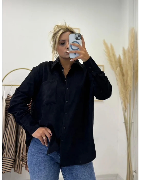Oversize Tek Cepli Süet Görünümlü Gömlek - Siyah
