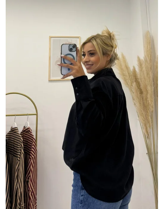 Oversize Tek Cepli Süet Görünümlü Gömlek - Siyah