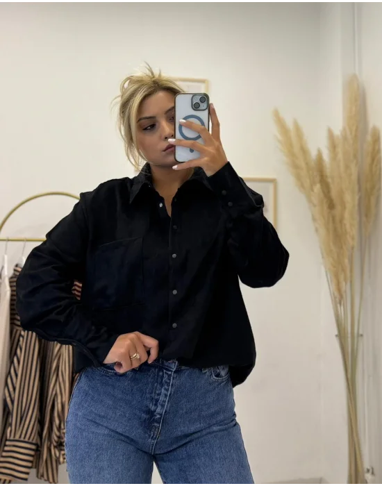 Oversize Tek Cepli Süet Görünümlü Gömlek - Siyah