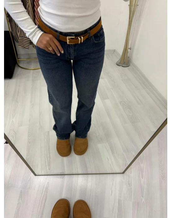 Düşük/Orta Bel Tok Kumaş Düz Paça Jean Pantolon - Koyu Mavi