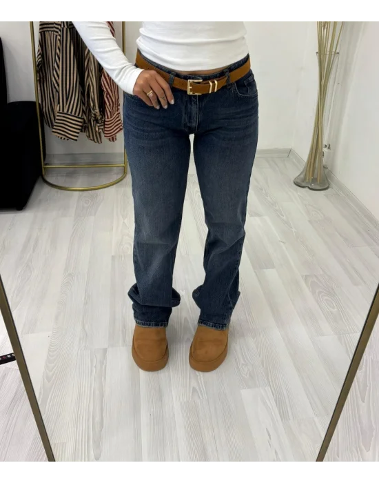 Düşük/Orta Bel Tok Kumaş Düz Paça Jean Pantolon - Koyu Mavi