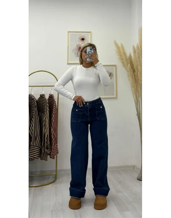 Wide Leg Yüksek Bel Cepli Jean Pantolon - Koyu Denim