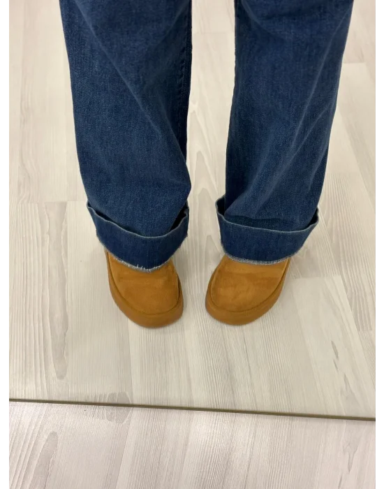 Wide Leg Yüksek Bel Cepli Jean Pantolon - Koyu Denim