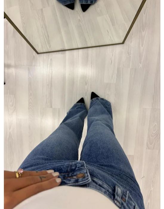 Orta Mavi Düz Kesim High Waist Jean Pantolon