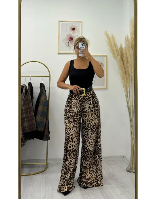 Akışkan Kumaşlı Leopar Desenli Palazzo Pantolon