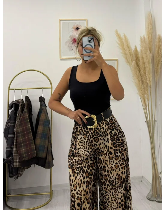 Akışkan Kumaşlı Leopar Desenli Palazzo Pantolon
