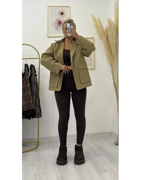 Kontrast Yaka Dört Cepli Kanvas Ceket - Bej/Haki