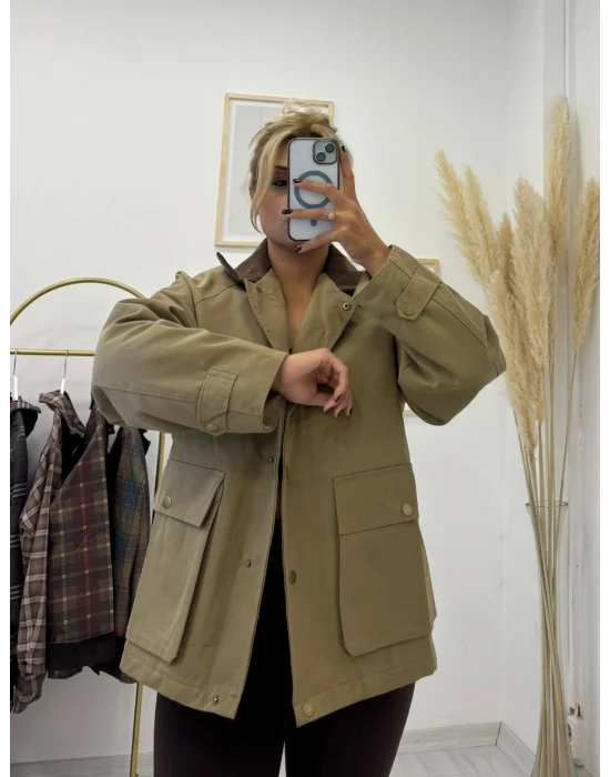 Kontrast Yaka Dört Cepli Kanvas Ceket - Bej/Haki