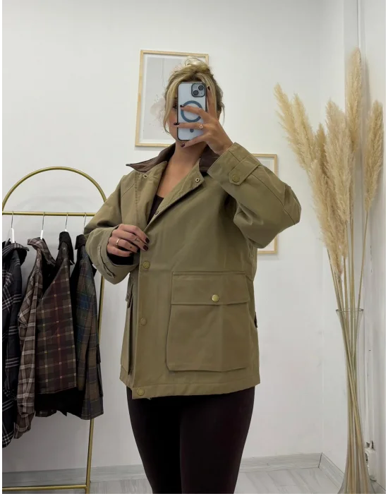 Kontrast Yaka Dört Cepli Kanvas Ceket - Bej/Haki