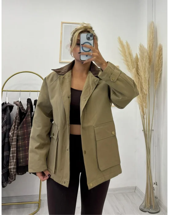 Kontrast Yaka Dört Cepli Kanvas Ceket - Bej/Haki