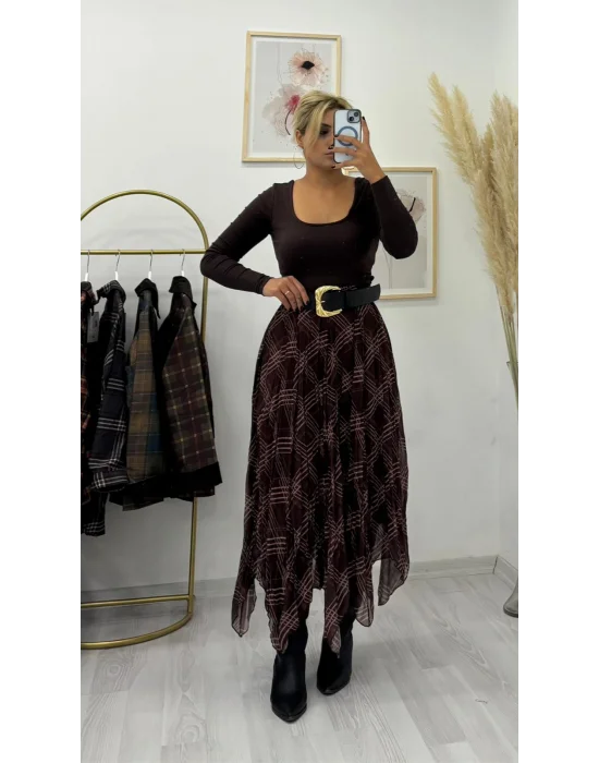 Kahverengi Ekose Desenli Pileli Midi Etek