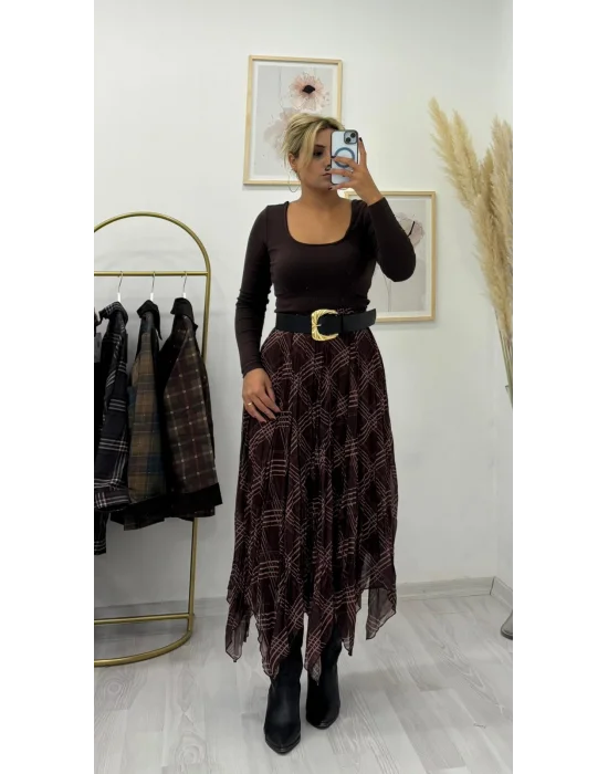 Kahverengi Ekose Desenli Pileli Midi Etek