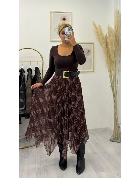 Kahverengi Ekose Desenli Pileli Midi Etek