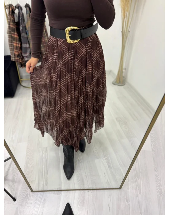 Kahverengi Ekose Desenli Pileli Midi Etek