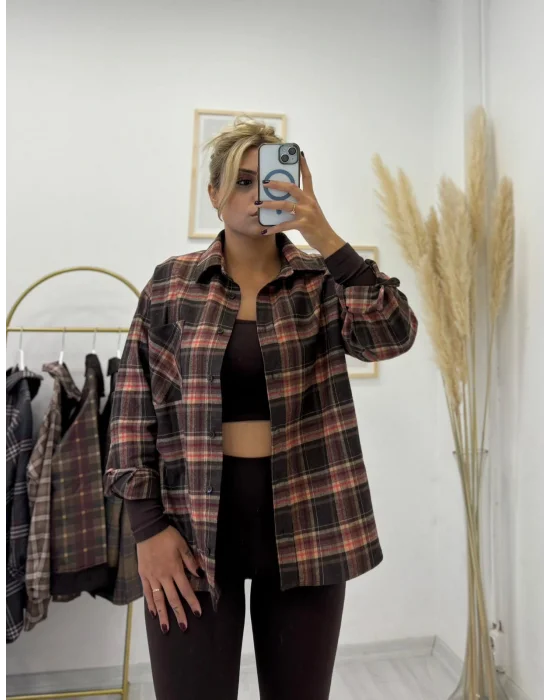 Kahverengi Ekose Desenli Flanel Oversize Gömlek