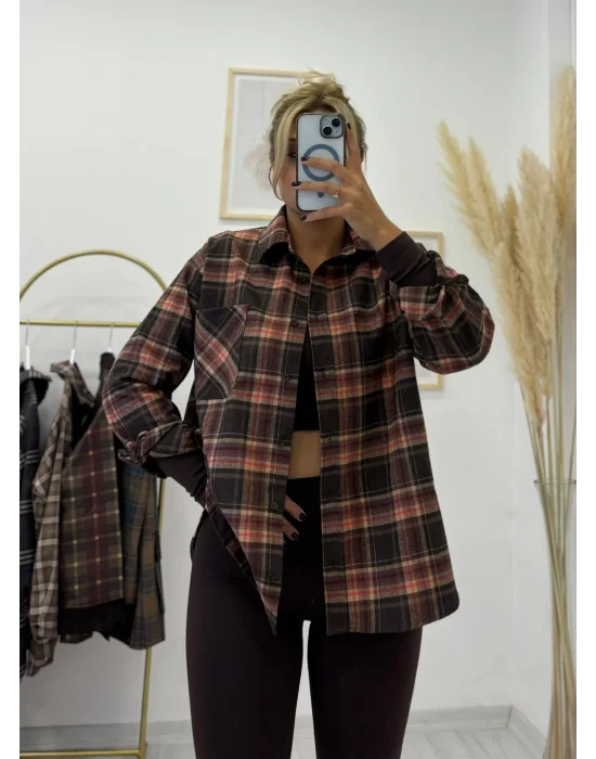 Kahverengi Ekose Desenli Flanel Oversize Gömlek